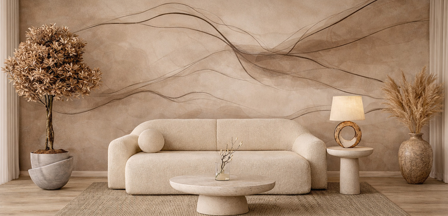 Contemporary finished interior with a refined wallcovering feature wall